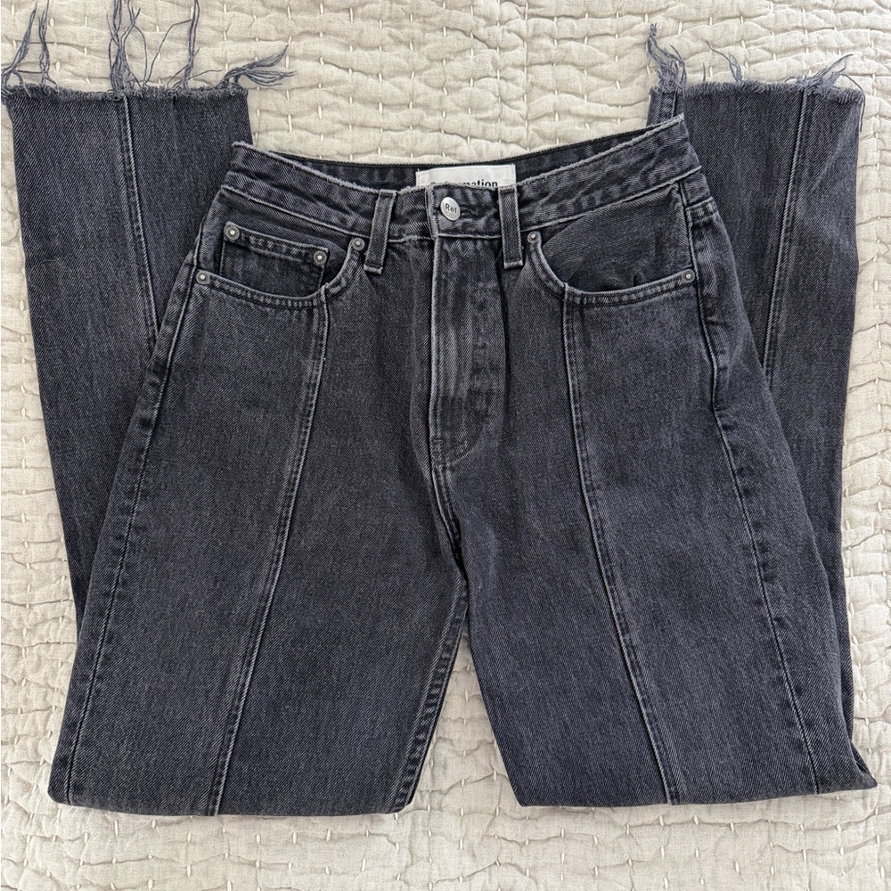 Reformation Straight Leg High Rise Black Raw Hem Jeans Size 25